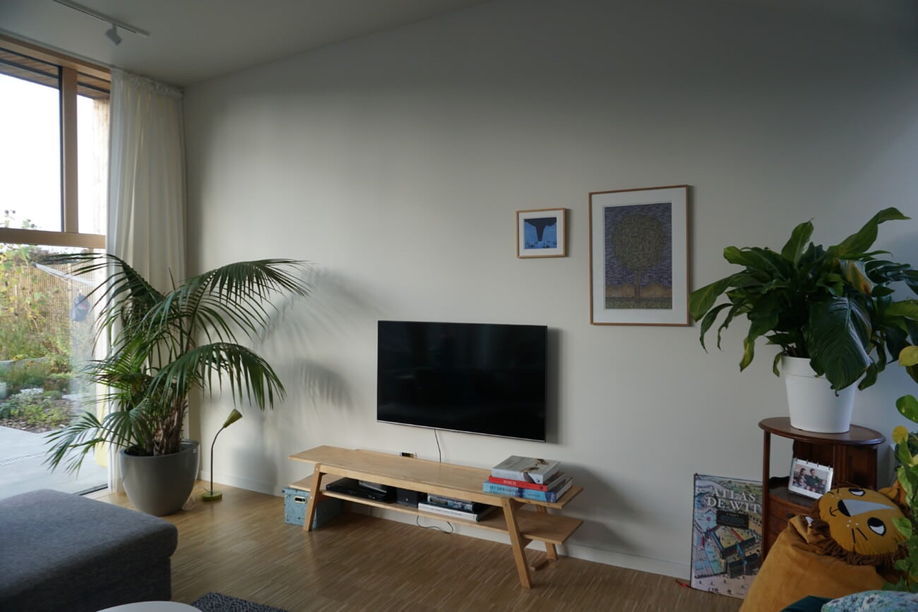 Moderne woonkamer met houten meubels kamerplanten en witte muren door In't Kleur in Oostakker.