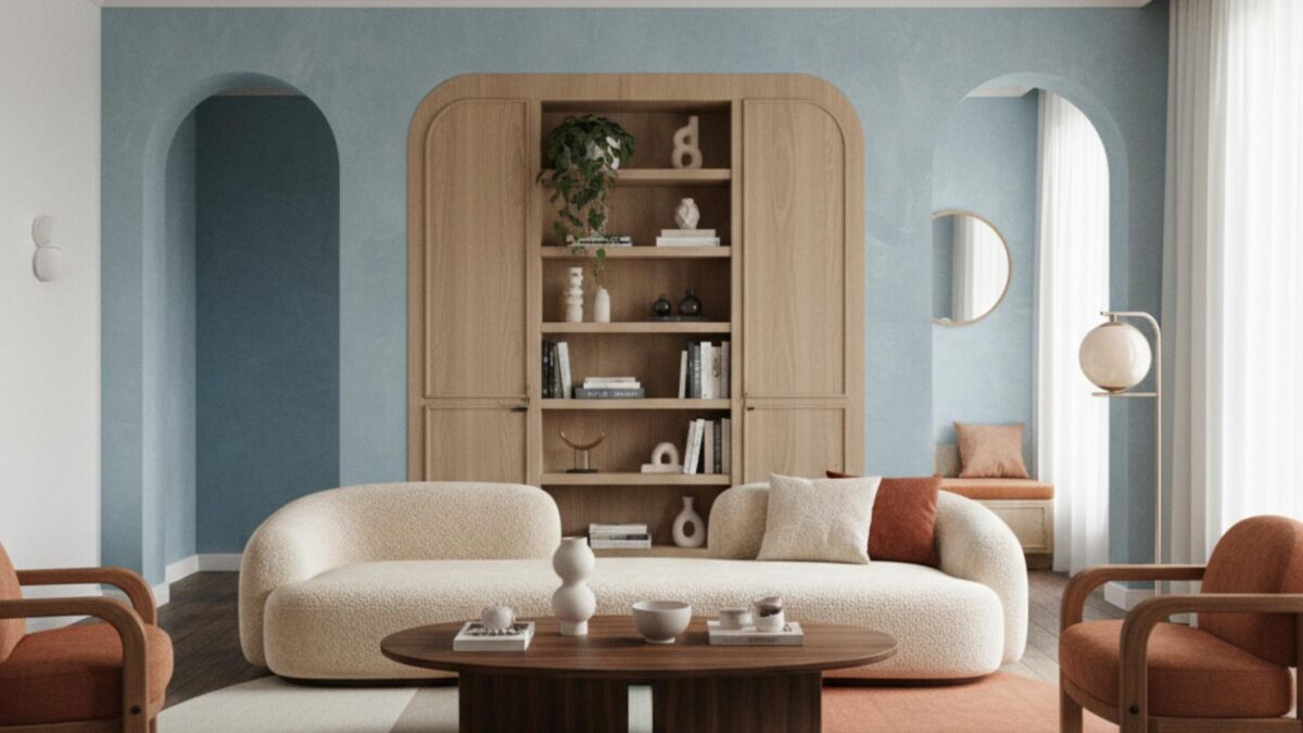 Moderne woonkamer met pastelblauw accent muur, crème bank en warme terracotta details - interieurtrends 2026