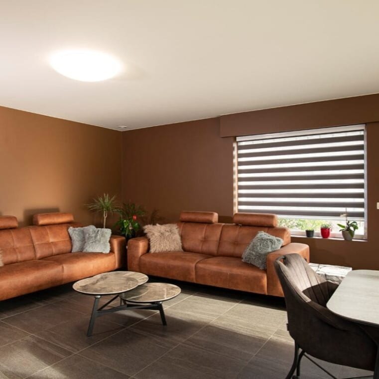 Moderne woonkamer met bruine leren bank, ronde salontafel en warme bruine muurkleur - professioneel kleuradvies schilderwerk